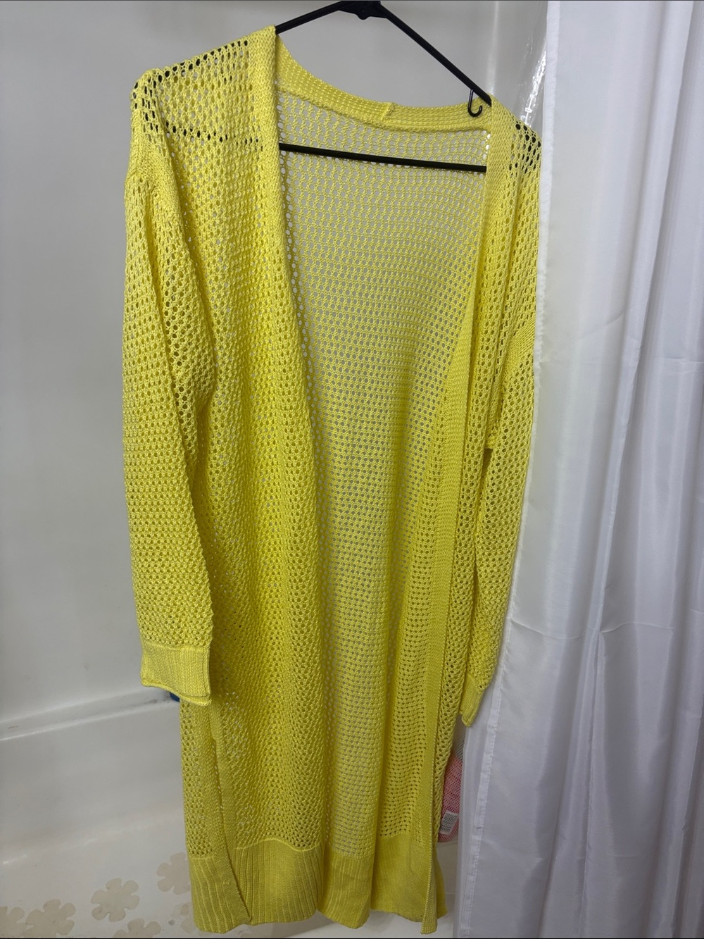Open-Knit Long Yellow Cardigan